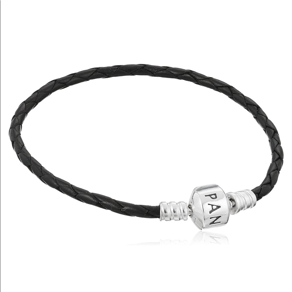 Pandora black leather bracelet with charm